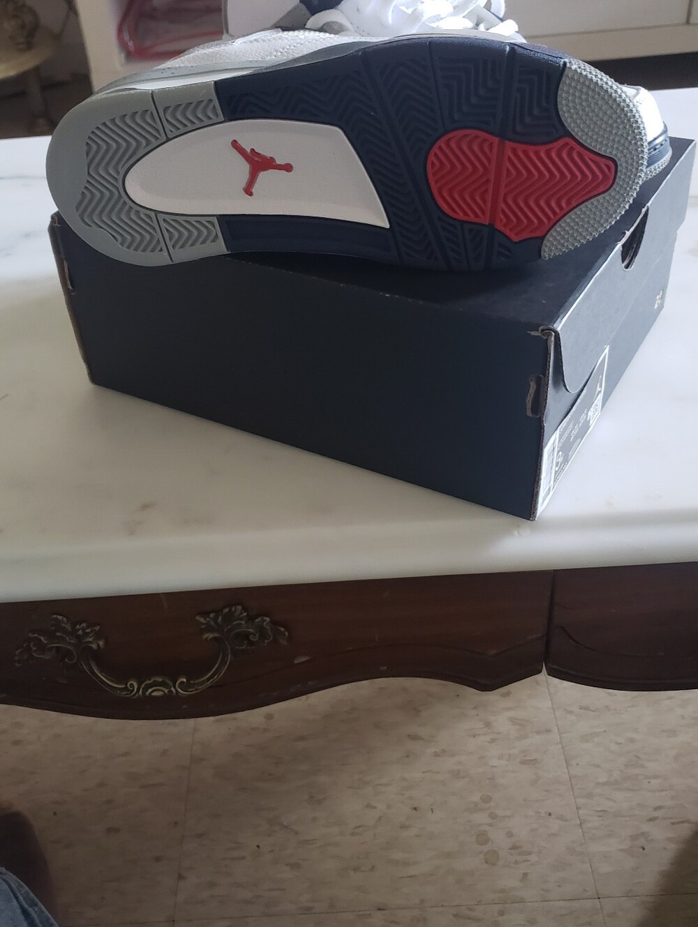 Jordan Kids White Navy and Gray Retro Basketball Sneakers - Picture 4 of 5